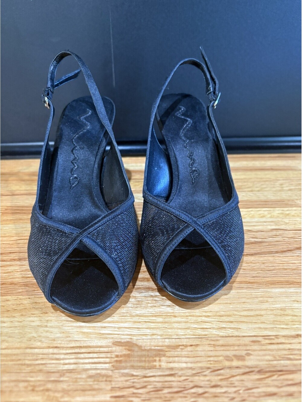 Nina Heels Size 6 1/5M Sparkly Black Peep Toe Mesh kitten heel